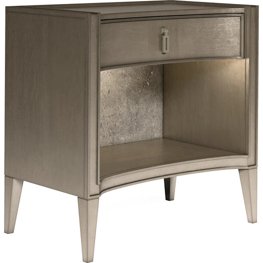 Cove Open Nightstand by A.R.T. Furniture in grey and mica. Made from rubberwood solids, primavera veneers, cork, metal in a traditional style.