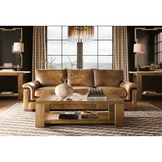 Melange Mulholland Console Table by Hooker Furniture in medium wood and rich golden brown, oak veneers, marble. Made from oak solids, oak veneers, marble in a unique style.