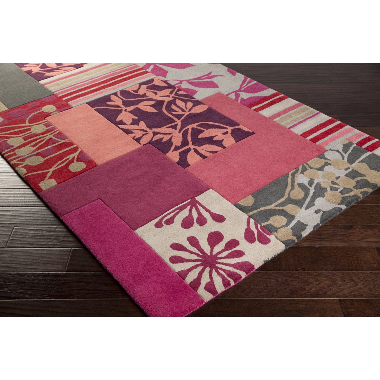 002 51640-12641 | Closeup | Harlequin Rug - 12666 by Surya in medium purple, red, pink, plum, medium gray. Made from 100% new zealand wool in a unique style.