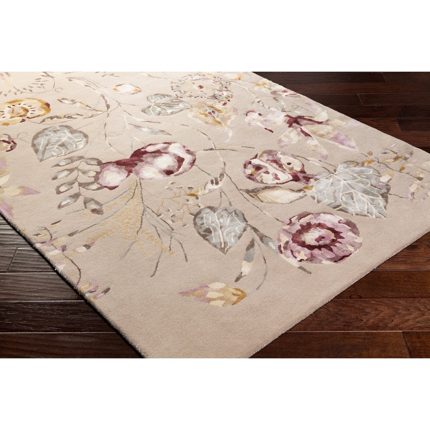 003 SR-880358,SR-880361 | Closeup | Harlequin Rug - 25104 by Surya in burgundy, mauve, dusty pink, medium brown, light slate, charcoal. Made from 62% wool, 38% viscose in a unique style.