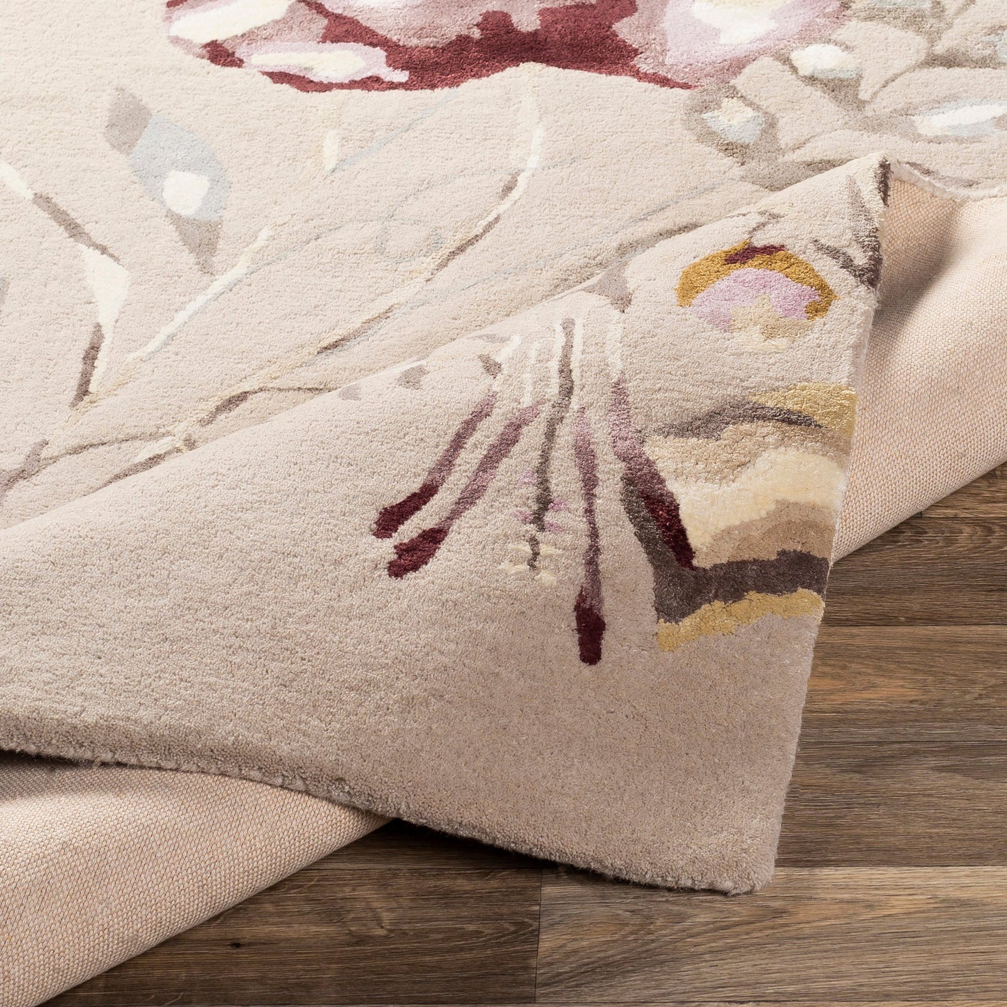 006 SR-880358,SR-880361 | Closeup | Harlequin Rug - 25104 by Surya in burgundy, mauve, dusty pink, medium brown, light slate, charcoal. Made from 62% wool, 38% viscose in a unique style.