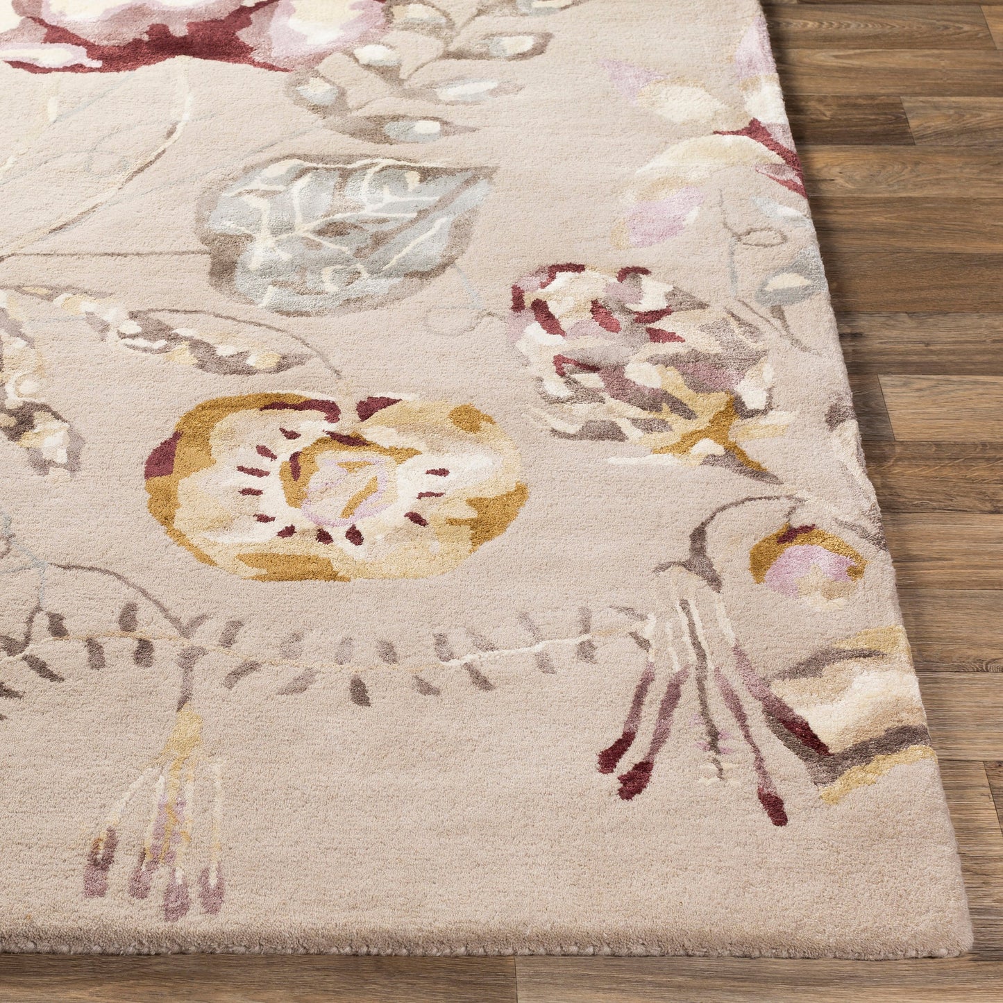 005 SR-880358,SR-880361 | Closeup | Harlequin Rug - 25104 by Surya in burgundy, mauve, dusty pink, medium brown, light slate, charcoal. Made from 62% wool, 38% viscose in a unique style.