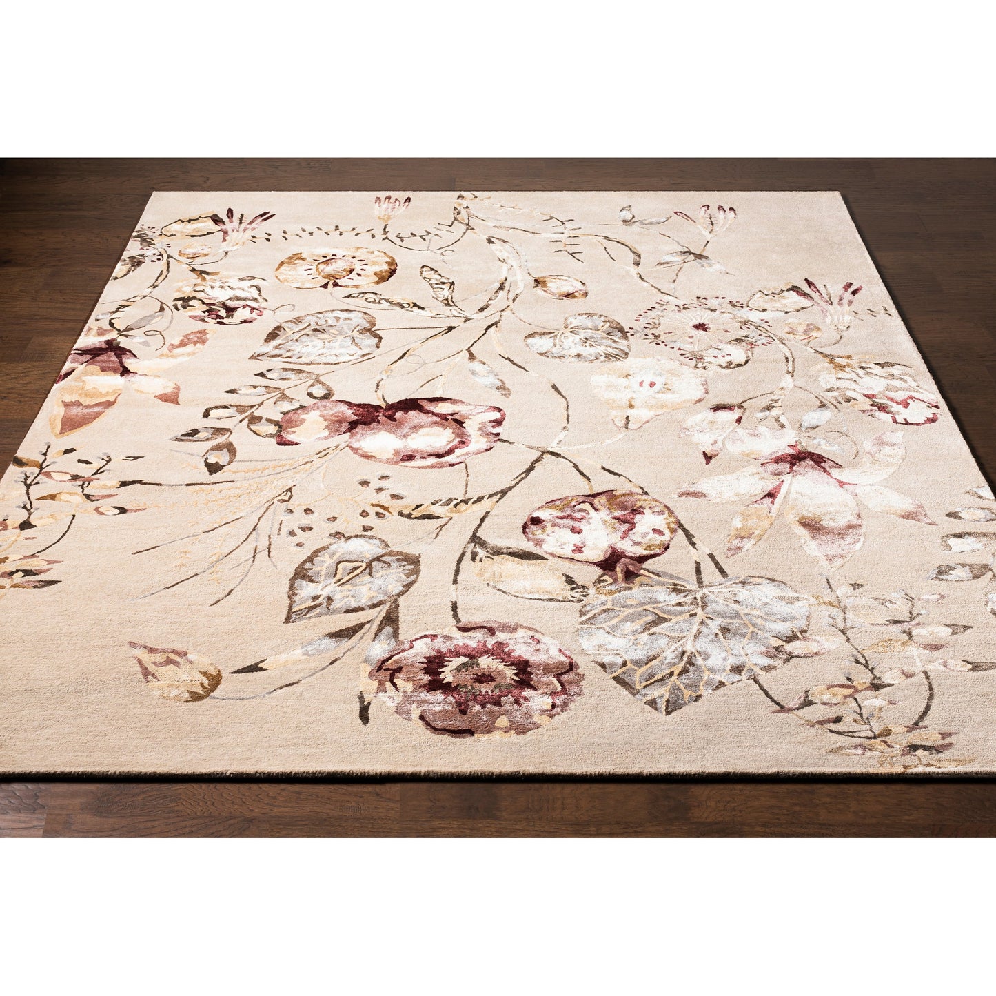 002 SR-880358,SR-880361 | Closeup | Harlequin Rug - 25104 by Surya in burgundy, mauve, dusty pink, medium brown, light slate, charcoal. Made from 62% wool, 38% viscose in a unique style.