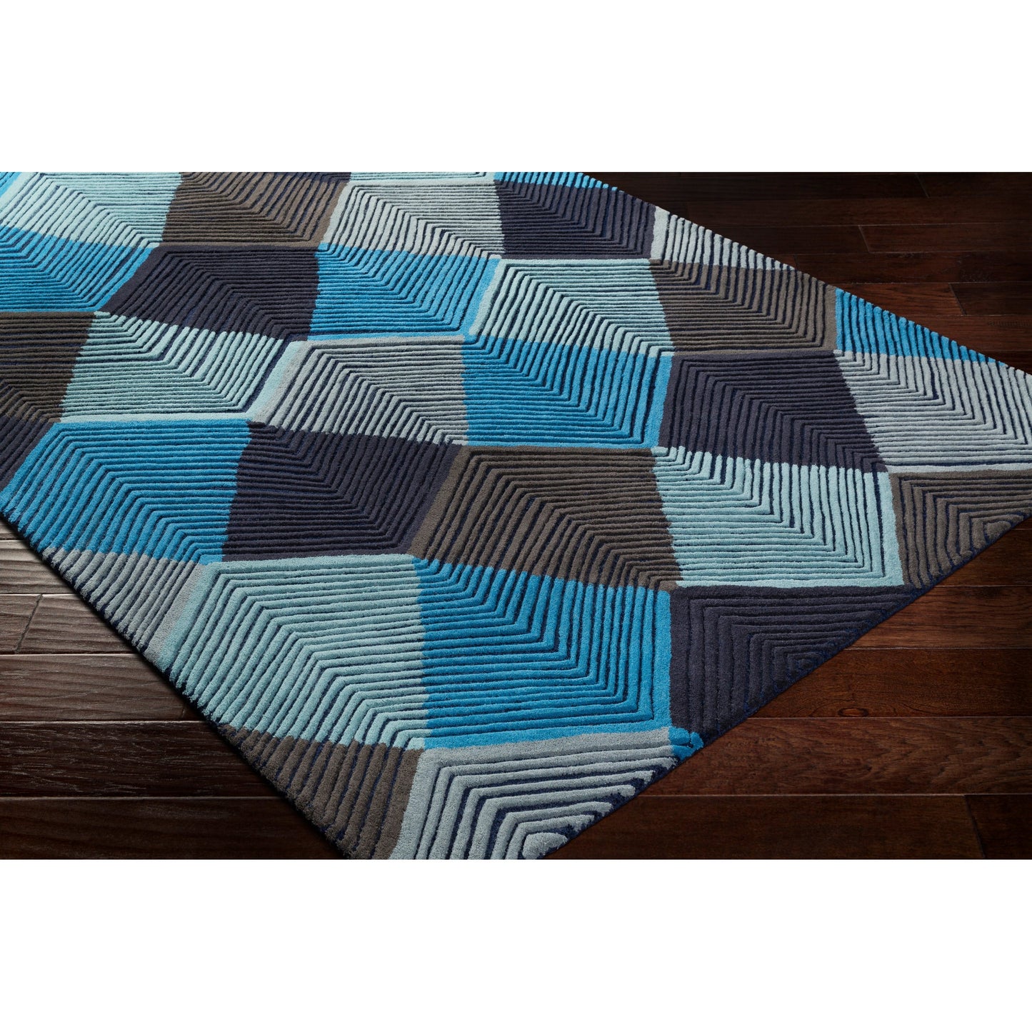 002 SI-1882339,SI-1882342 | Closeup | Harlequin Rug - 25103 by Surya in blue, slate, charcoal, black, pale blue, navy. Made from 100% wool in a unique style.