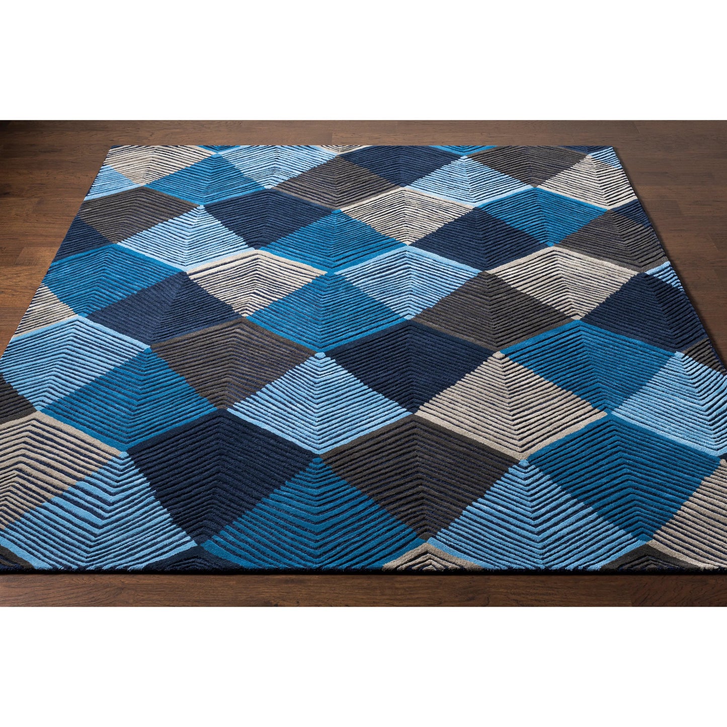 007 SI-1882339,SI-1882342 | Closeup | Harlequin Rug - 25103 by Surya in blue, slate, charcoal, black, pale blue, navy. Made from 100% wool in a unique style.