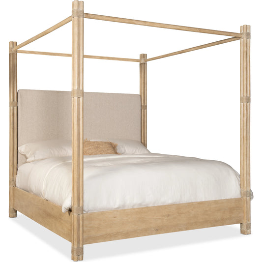 Retreat Pole Rattan Upholstered Poster Bed by Hooker Furniture in neo cream. Made from oak veneers, fabric, rope in a cottage & farmhouse style.