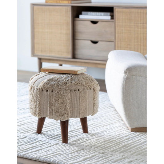 Haarlem Stool - 32548 by Livabliss in base: brown and lacquered. Made from top: 100% cotton, fill: 90% foam, fill: 10% polyester, polyfill, base: wood in a traditional style.