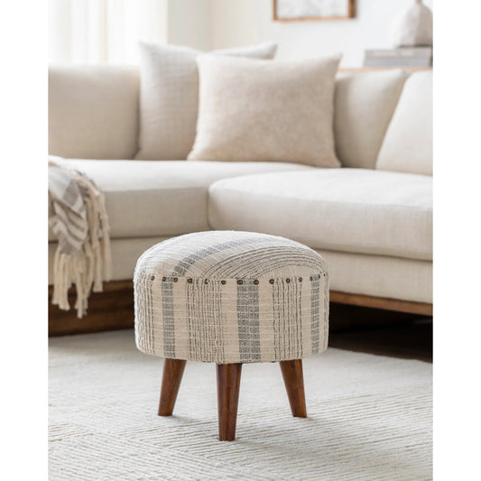 Haarlem Stool - 32549 by Livabliss in base: brown and lacquered. Made from top: 100% cotton, fill: 90% foam, fill: 10% polyester, polyfill, base: wood in a traditional style.