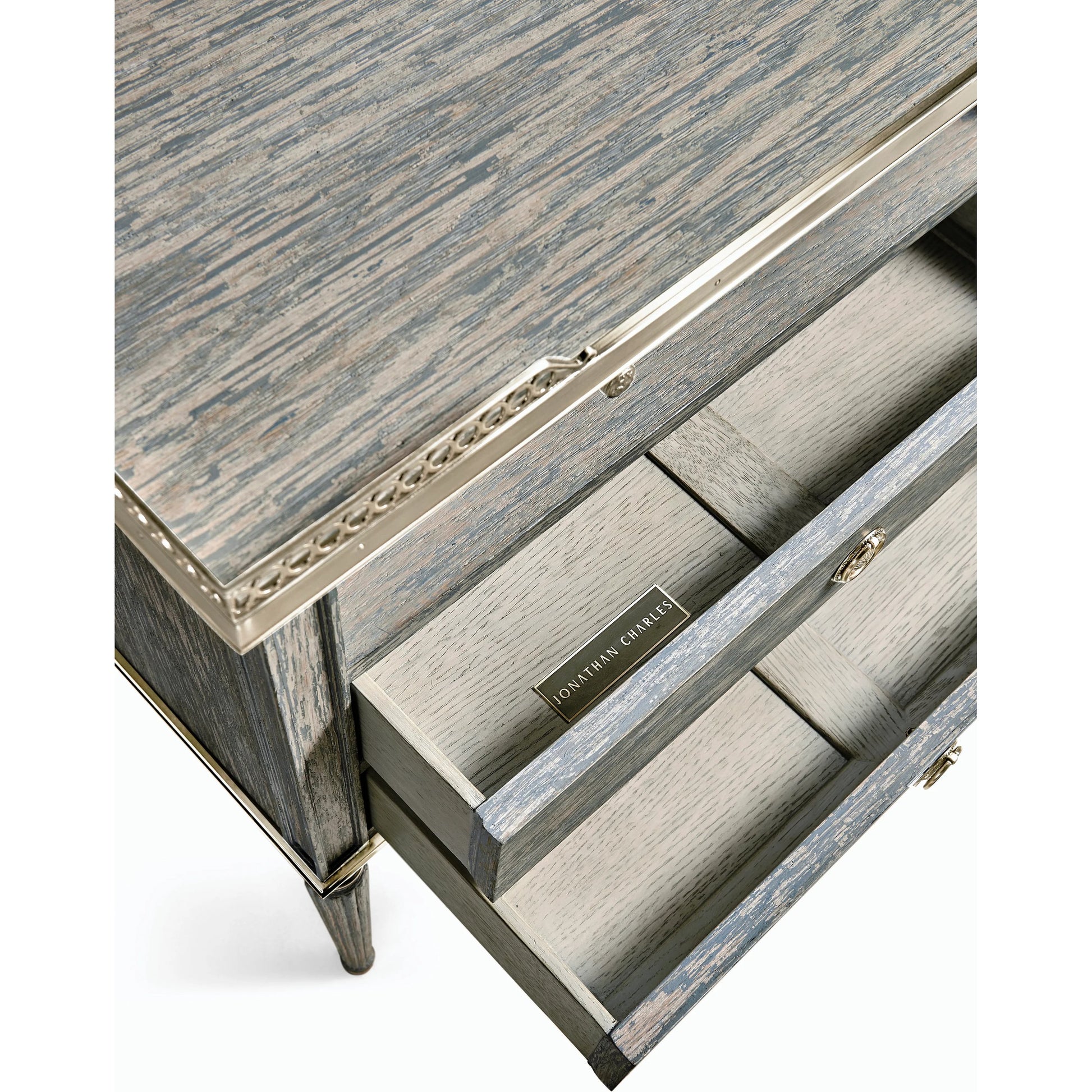 Arlingham Nightstand by Jonathan Charles in blue and chipped blue oak. Made from oak solids, veneers in a modern style.