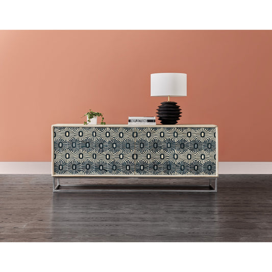 Melange Whitmore Four Door Credenza by Hooker Furniture in light wood. Made from mango wood with bone inlay, iron in a transitional style.