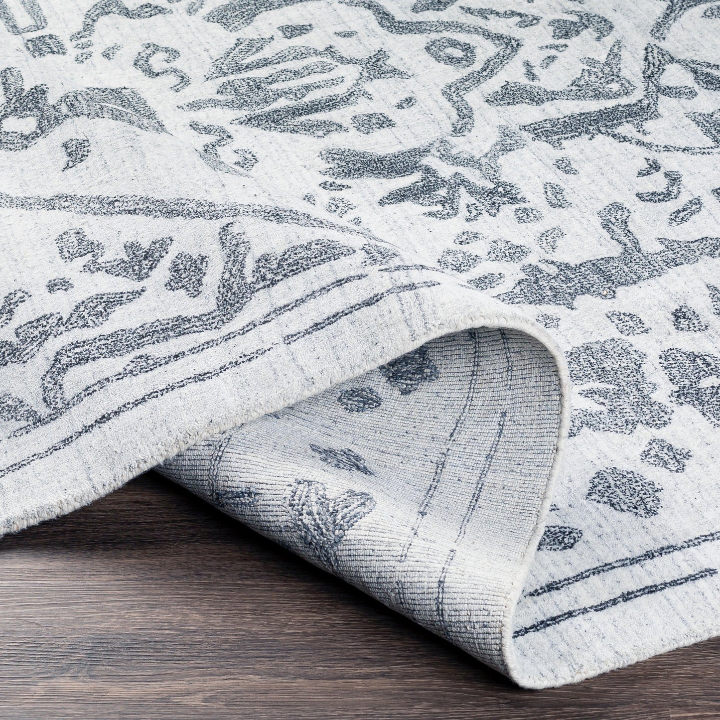 005 SI-1882630,SI-1882631,SI-1882632,SI-1882634 | Closeup | Hightower Rug - 26862 by Surya in light gray, black. Made from 100% viscose in a unique style.