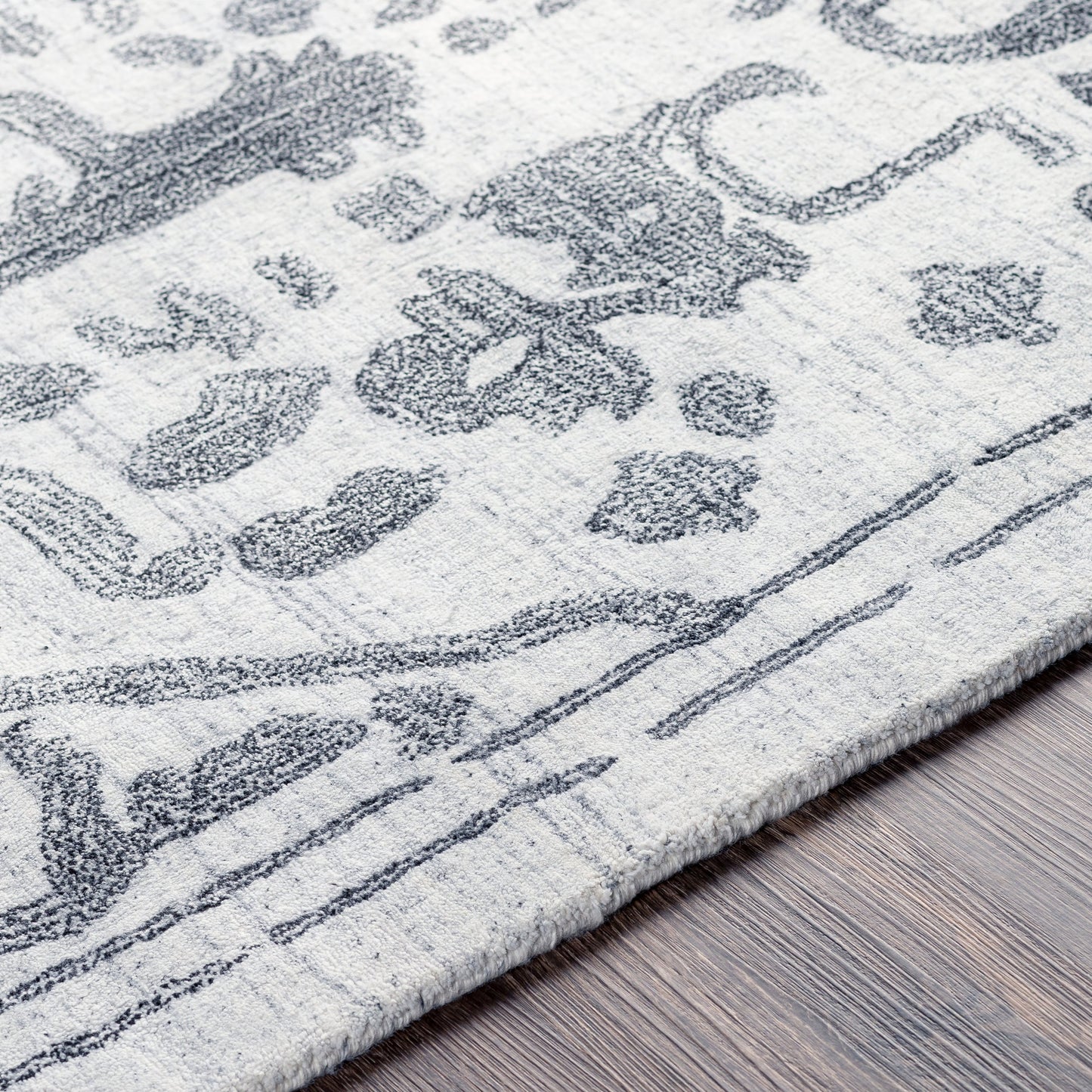 003 SI-1882630,SI-1882631,SI-1882632,SI-1882634 | Closeup | Hightower Rug - 26862 by Surya in light gray, black. Made from 100% viscose in a unique style.