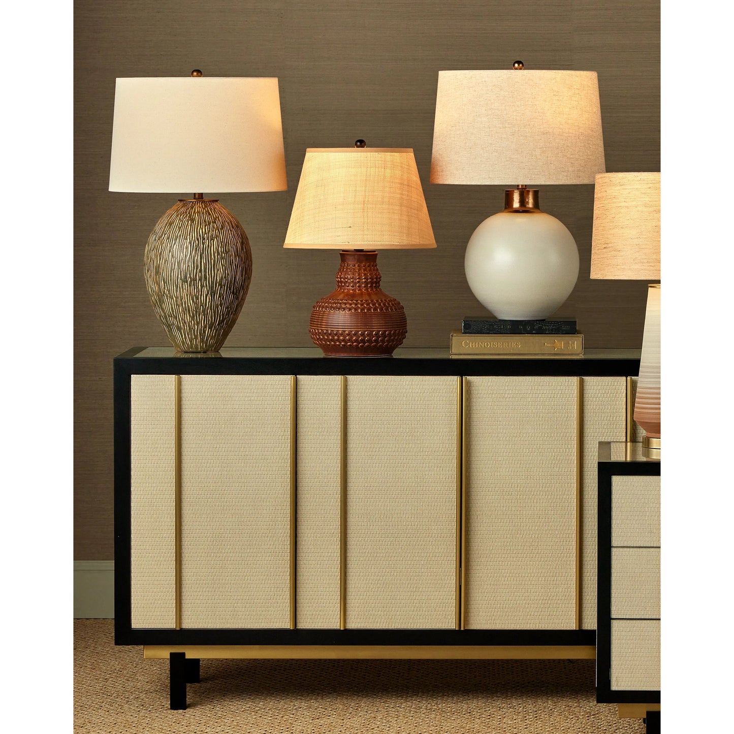 006 SI-2191741 | Lifestyle | Hildreth Table Lamp by Currey and Company in olive green, beige, off-white, antique brass. Made from porcelain, metal in a modern style.