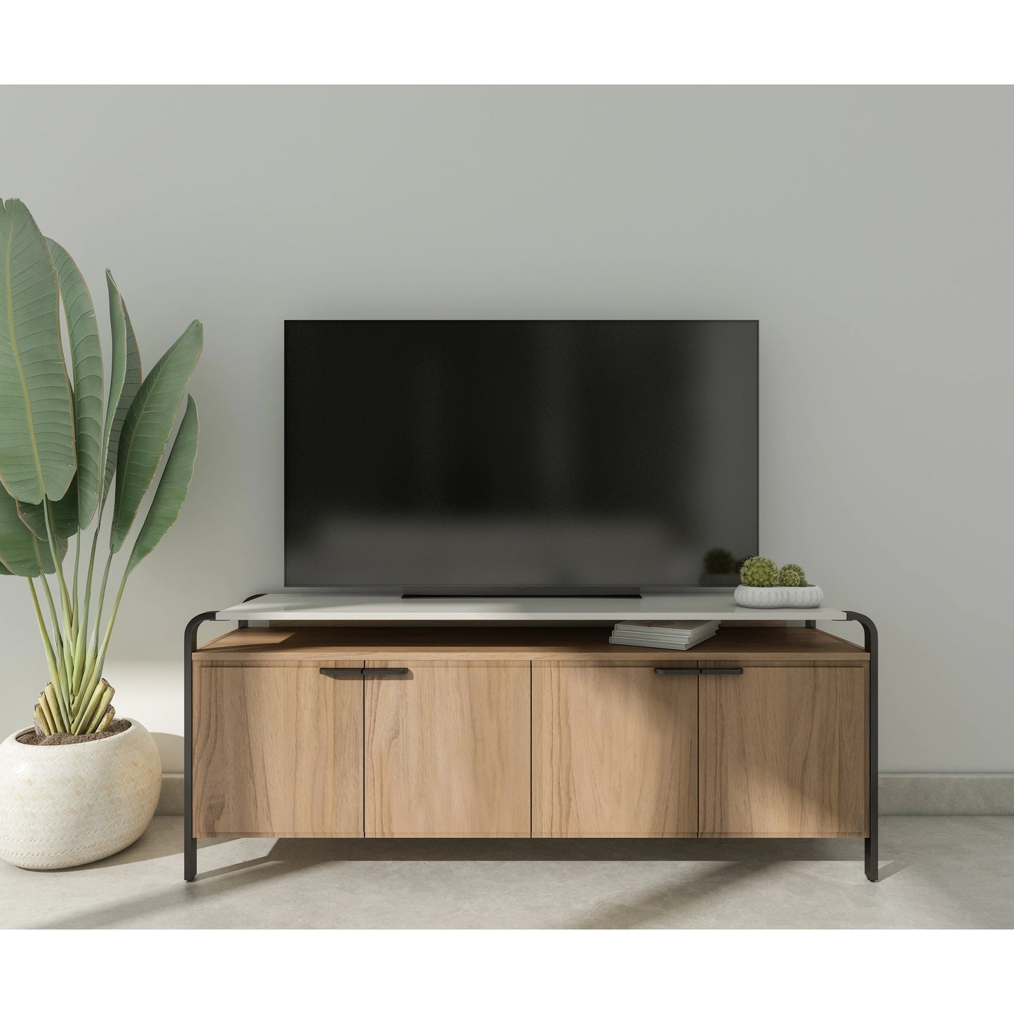 005 SI-2065169 | Lifestyle | Portico Entertainment Console by A.R.T. Furniture in sienna, white plaster. Made from parawood solids, mindi veneers, resin, steel in a modern style.