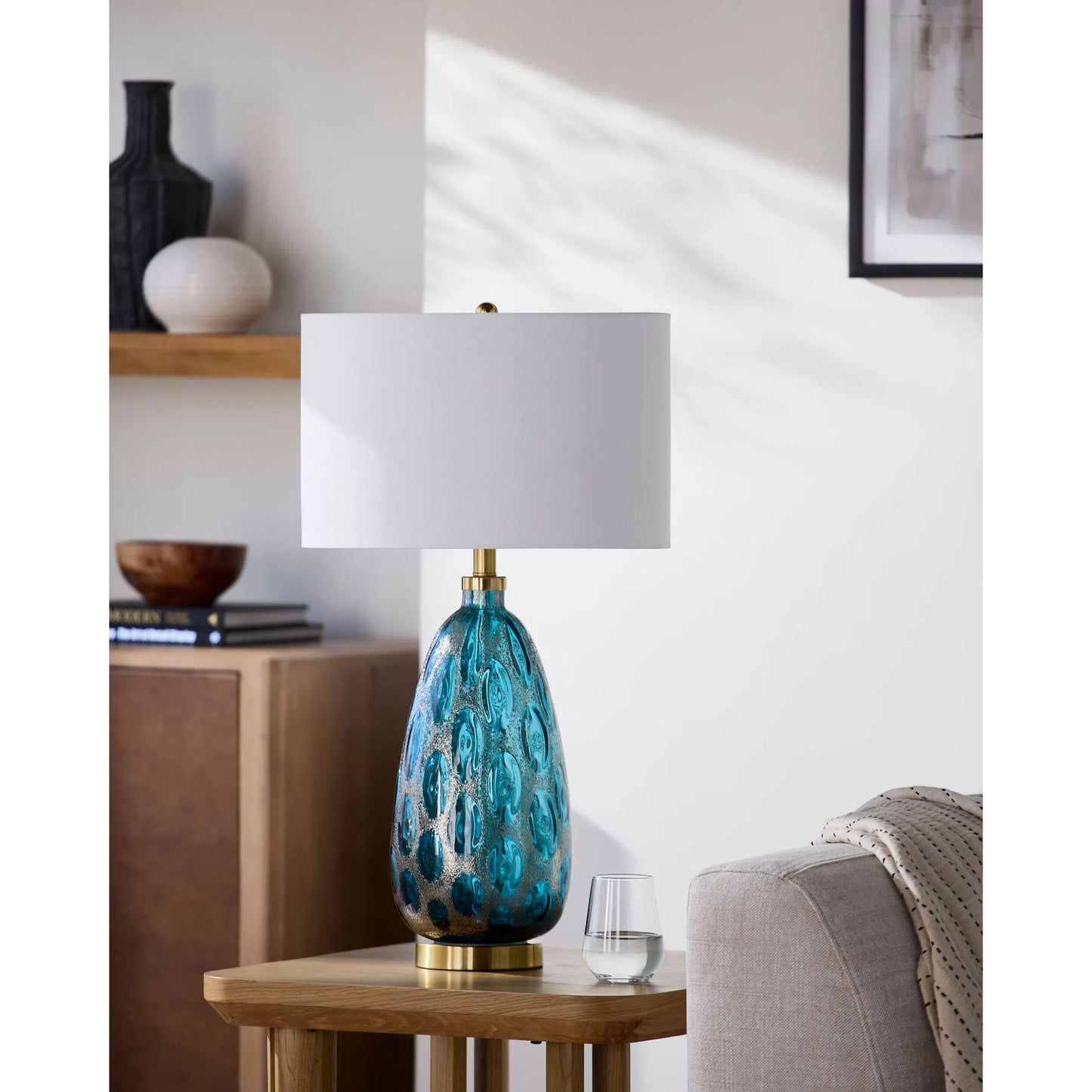 003 SI-2380095 | Lifestyle | Hexham Accent Table Lamp by Surya in blue, white, translucent, metallic brass. Made from glass, iron, linen, polyester in a eclectic & global style.