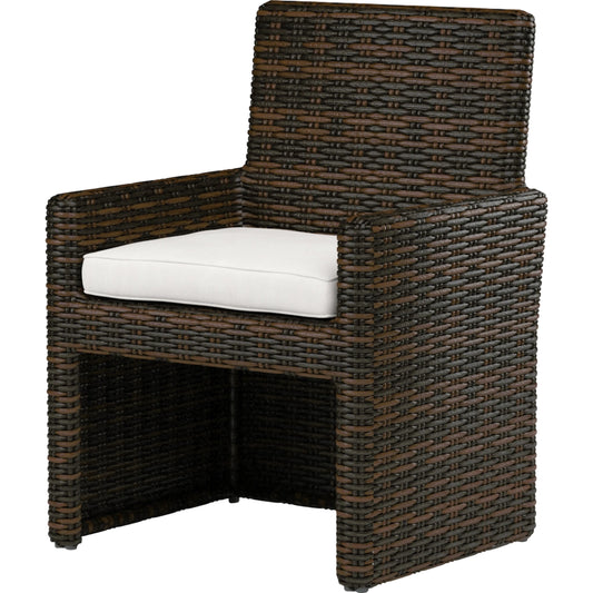Montecito Outdoor Dining Chair in Canvas Skyline w/ Self Welt by Sunset West in cognac. Made from resin wicker in a rustic style.
