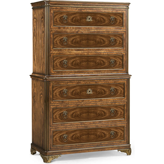 Viceroy Chest of Drawers by Jonathan Charles in brown and santos brown, antique brass. Made from mahogany, cerejeira veneers, santos rosewood crown veneers, brass in a traditional style.