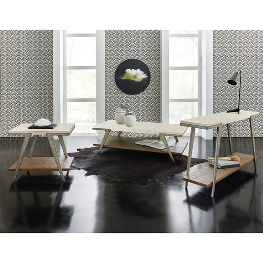 Commerce and Market Boomerang Side Table by Hooker Furniture in cream. Made from sheet metal, travertine marble, oak veneers in a modern style.