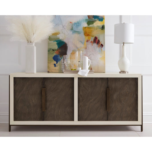 Blanc Credenza by A.R.T. Furniture in alabaster, burnished bronze. Made from parawood solids, resin, metal in a modern style.