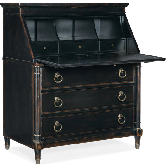 Charleston Secretary by Hooker Furniture in black cherry. Made from cherry veneers, robus leather, metal in a traditional style.