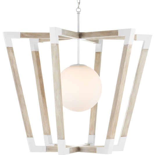 Bastian Globe Pendant by Currey and Company in sugar white, sandstone. Made from wrought iron, wood, frosted glass in a modern style.