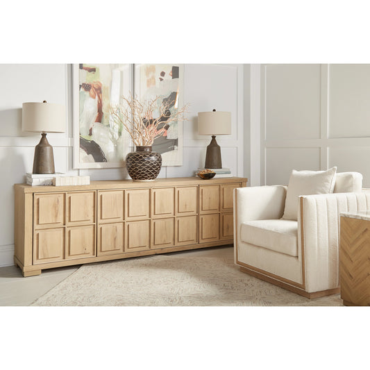 Garrison Entertainment Console by A.R.T. Furniture in washed oak. Made from parawood solids with ash embossing, white oak veneers in a cottage & farmhouse style.