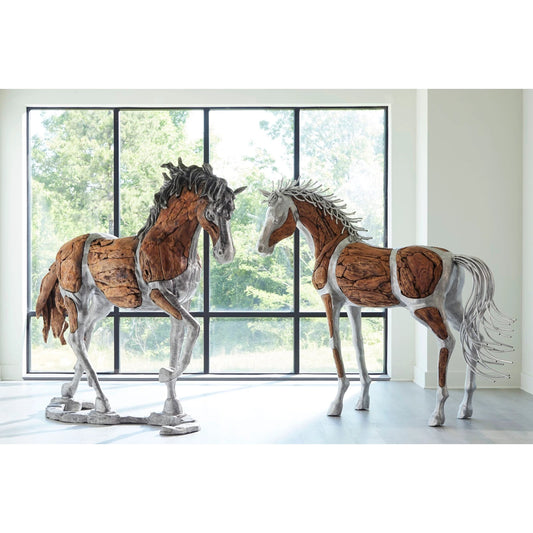 Mustang Horse Woodland Sculpture by Phillips Collection in brown, silver. Made from metal, wood in a modern style.