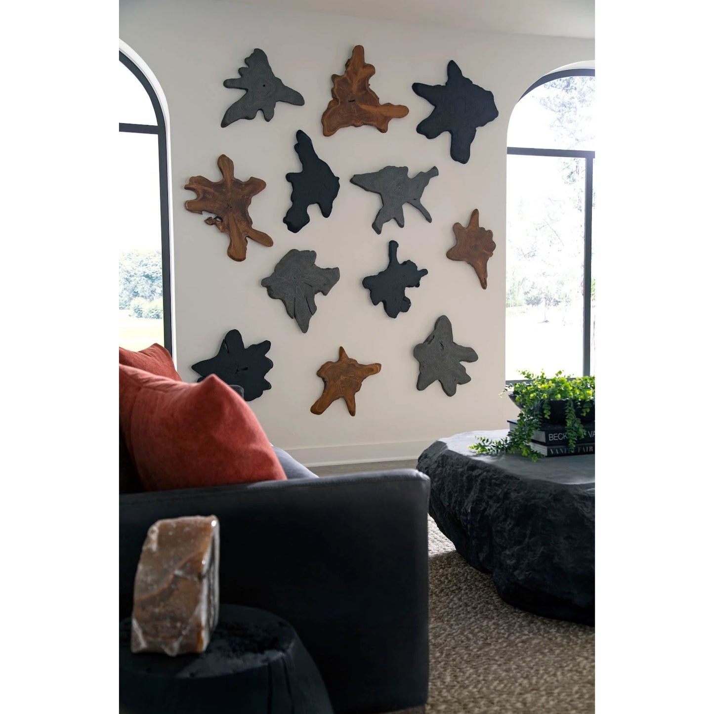006 SI-2065452 | Lifestyle | Freeform Teak Medium Wall Slice, Dark Gray by Phillips Collection in gray. Made from wood, teak in a rustic style.
