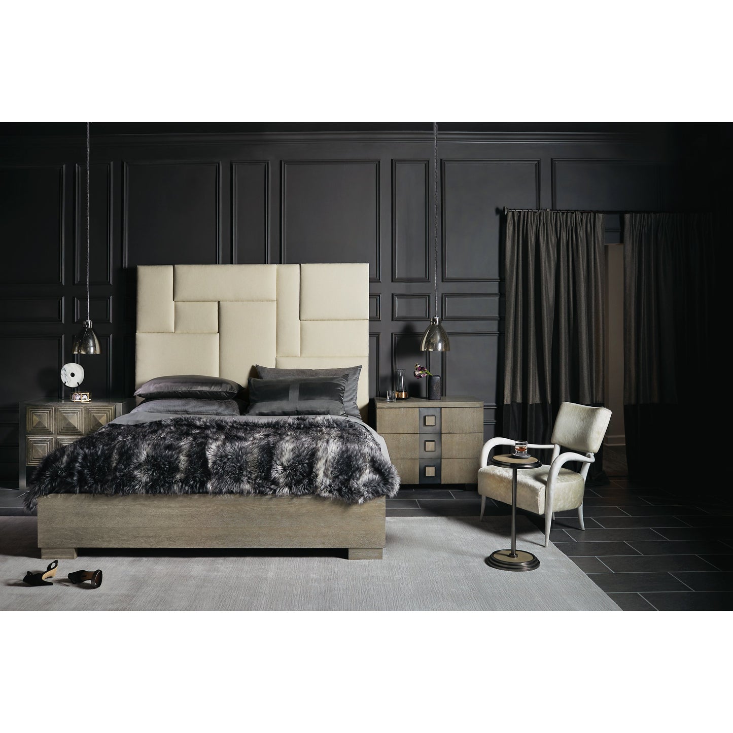 005 SI-1711571,SI-1711573 | Lifestyle | Mosaic Upholstered Bed by Bernhardt in dark taupe. Made from white oak veneers, fabric in a unique style.