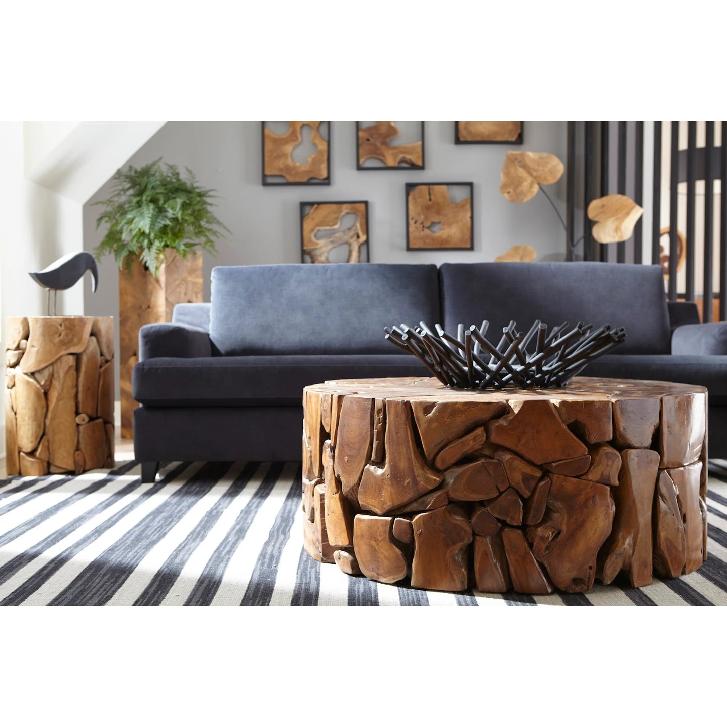 006 SR-821029 | Lifestyle | Teak Slice Round Coffee Table by Phillips Collection in brown. Made from wood in a eclectic & global style.