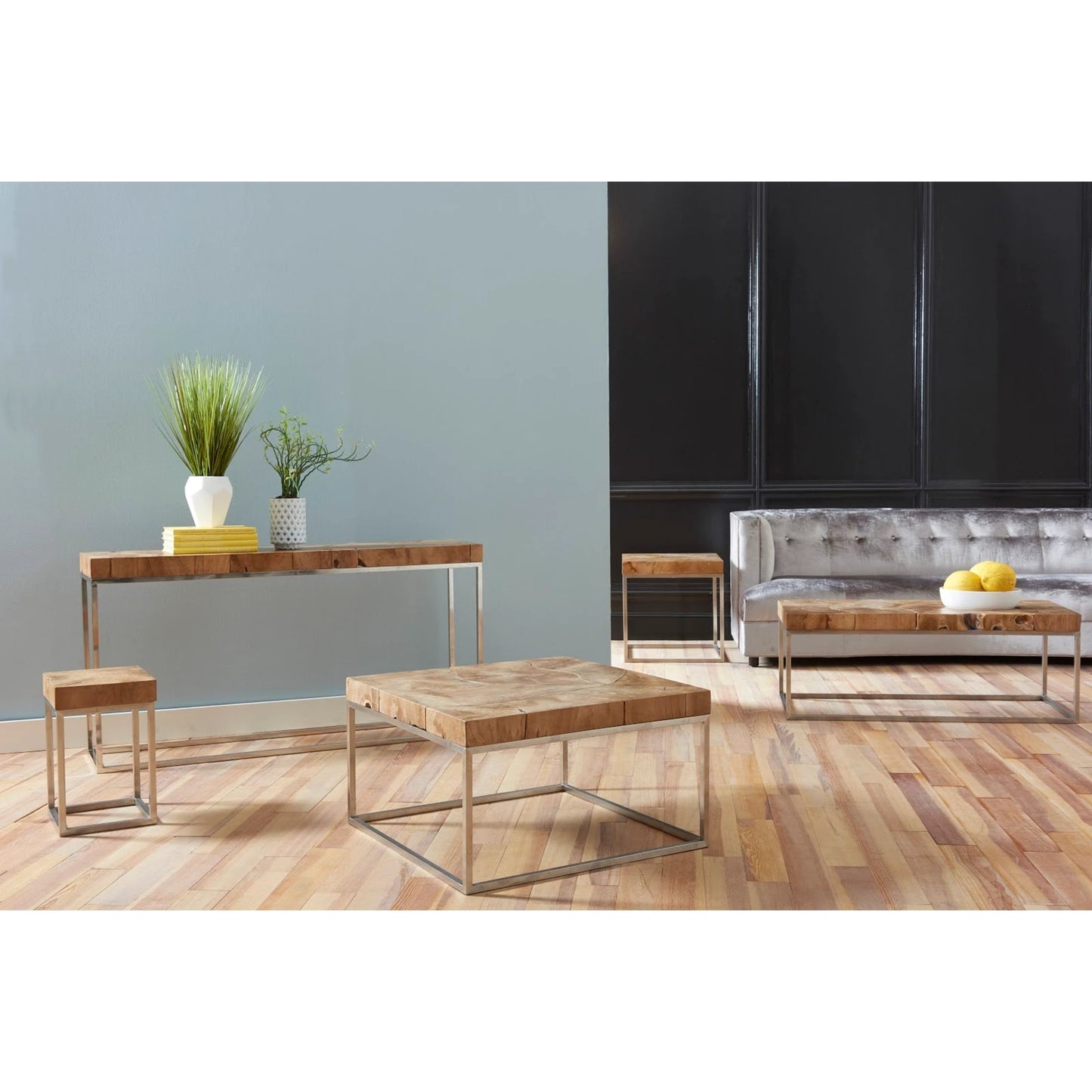 002 SR-939661 | Additional Silo | Teak Puzzle Side Table by Phillips Collection in brown, silver. Made from wood, teak metal, stainless steel in a eclectic & global style.