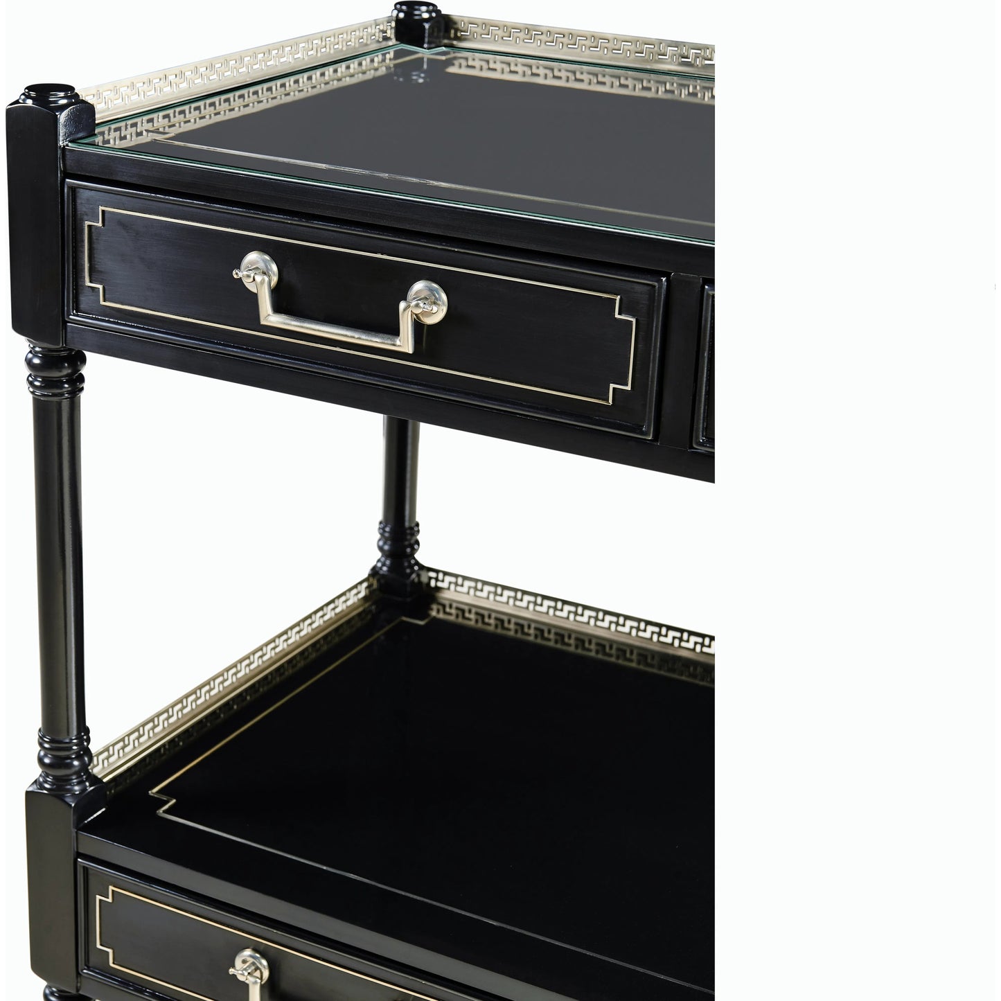 006 SI-2186362 | Closeup | Reimagined Flux Lacquer Etagere by Jonathan Charles in lacquered black. Made from acacia in a modern style.