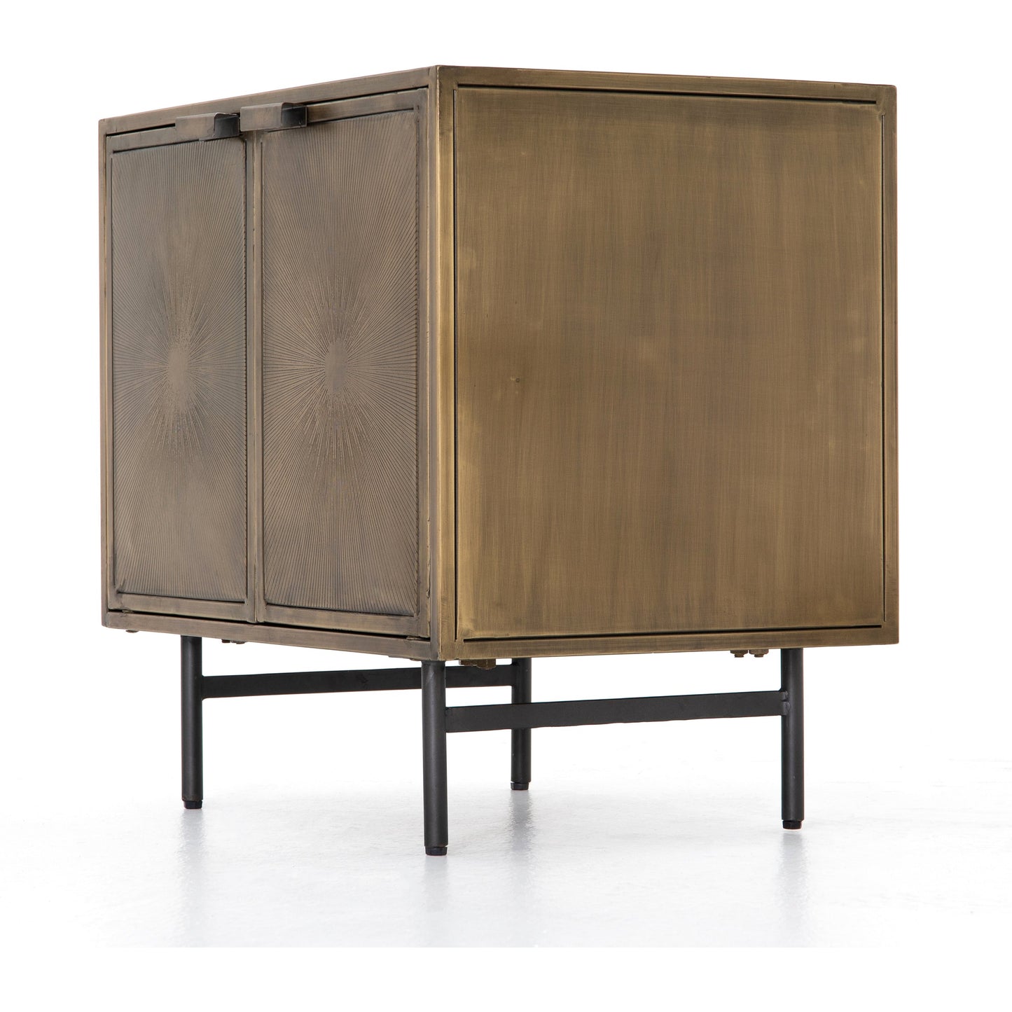 002 SR-369245 | Additional Silo | Sunburst Cabinet Nightstand by Four Hands in sunburst etched aged brass, gunmetal, aged brass and sunburst etched aged brass pc, gunmetal, aged brass pc. Made from iron in a modern style.