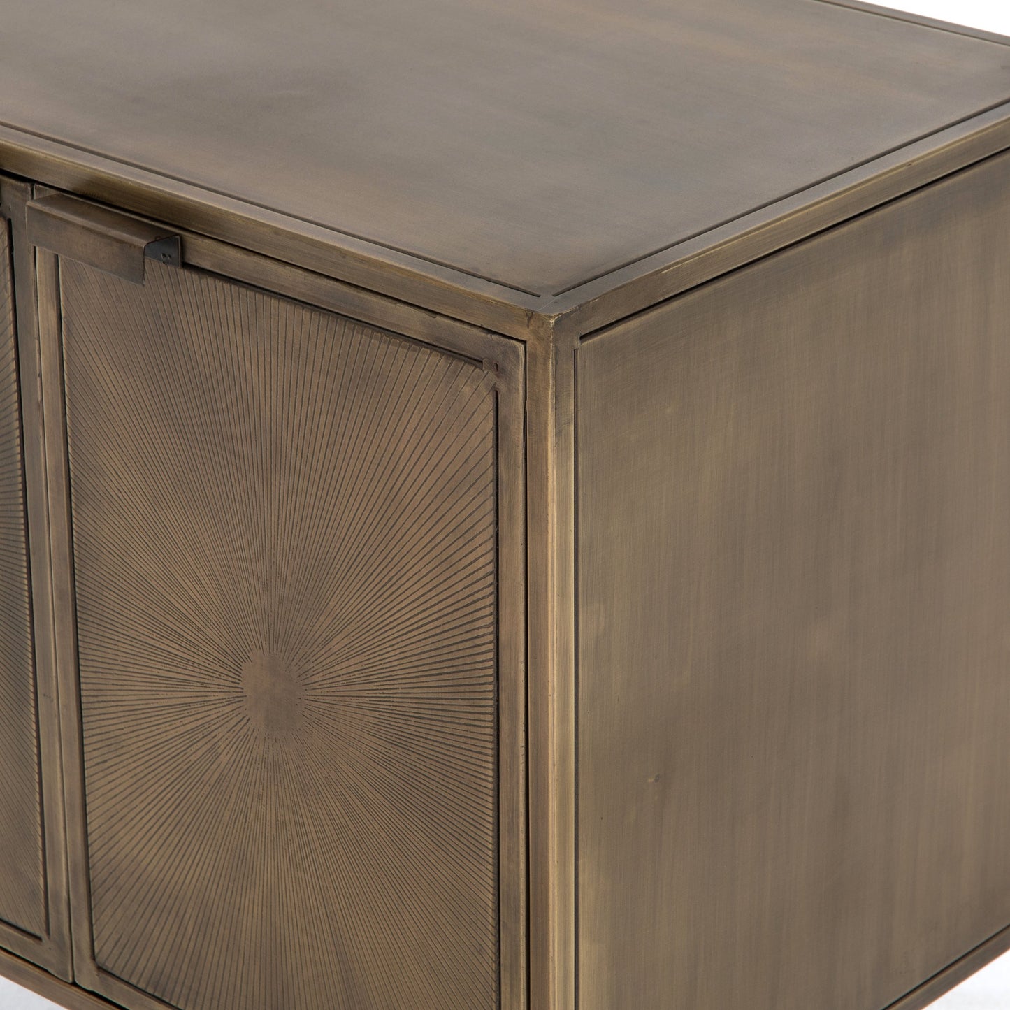 006 SR-369245 | Additional Silo | Sunburst Cabinet Nightstand by Four Hands in sunburst etched aged brass, gunmetal, aged brass and sunburst etched aged brass pc, gunmetal, aged brass pc. Made from iron in a modern style.