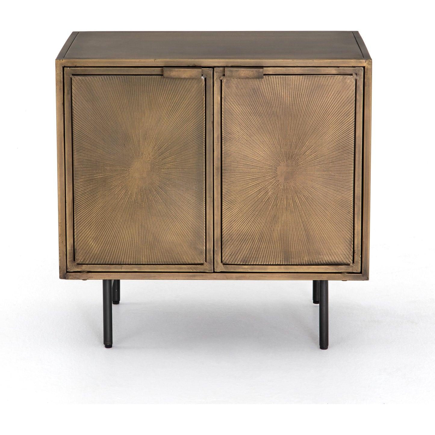 003 SR-369245 | Additional Silo | Sunburst Cabinet Nightstand by Four Hands in sunburst etched aged brass, gunmetal, aged brass and sunburst etched aged brass pc, gunmetal, aged brass pc. Made from iron in a modern style.