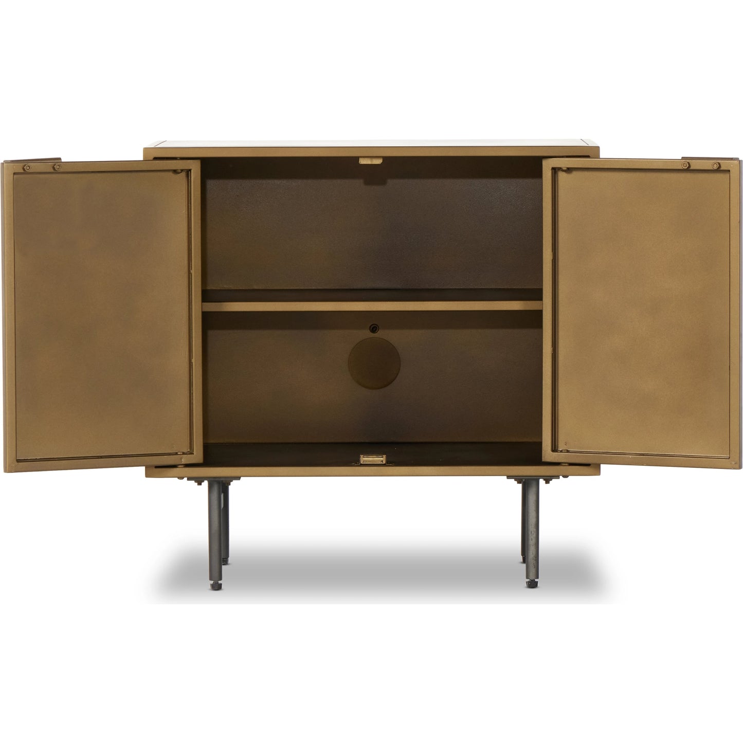 009 SR-369245 | Additional Silo | Sunburst Cabinet Nightstand by Four Hands in sunburst etched aged brass, gunmetal, aged brass and sunburst etched aged brass pc, gunmetal, aged brass pc. Made from iron in a modern style.