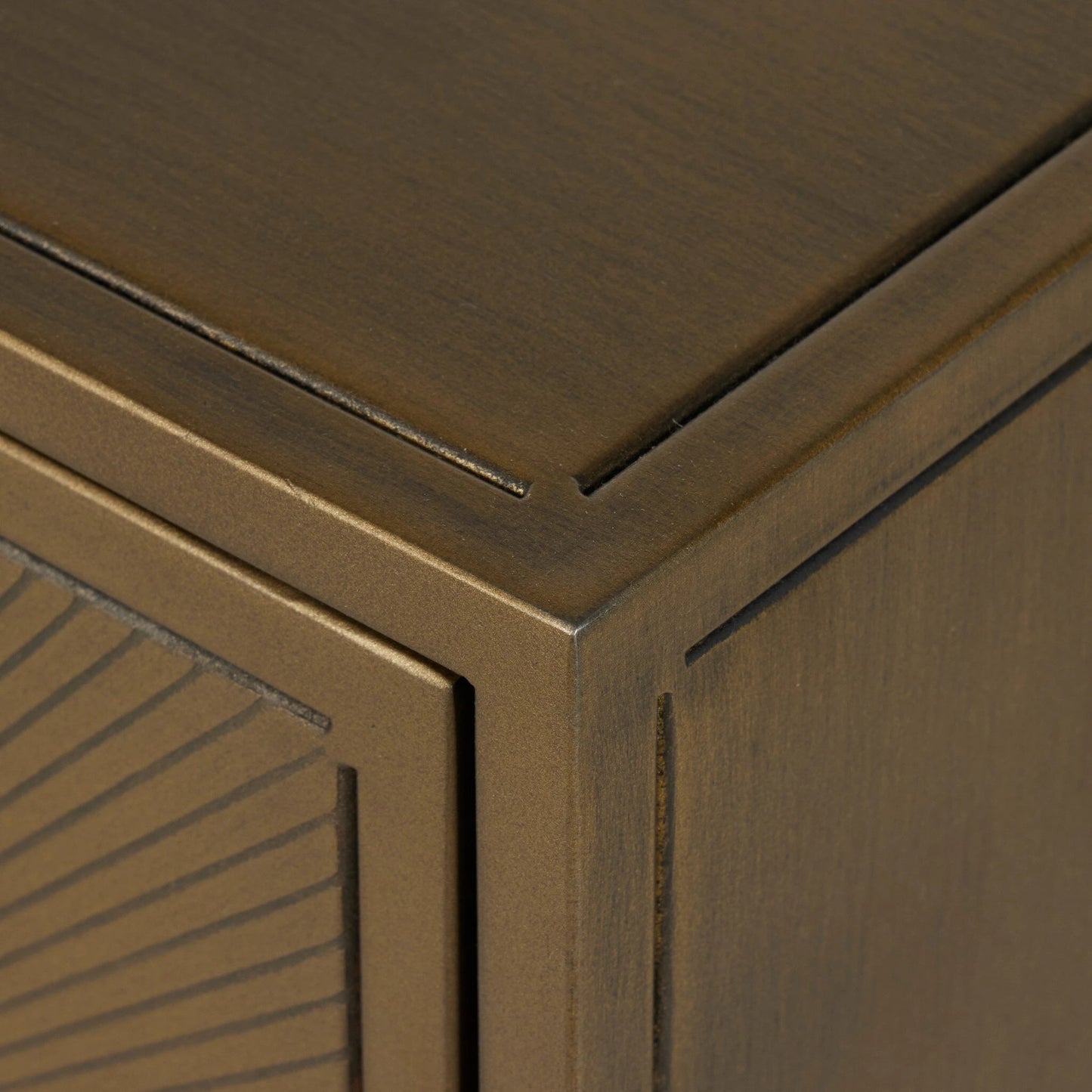 016 SR-369246 | Closeup | Sunburst Sideboard by Four Hands in sunburst etched aged brass, gunmetal, aged brass and sunburst etched aged brass pc, gunmetal, aged brass pc. Made from iron in a modern style.