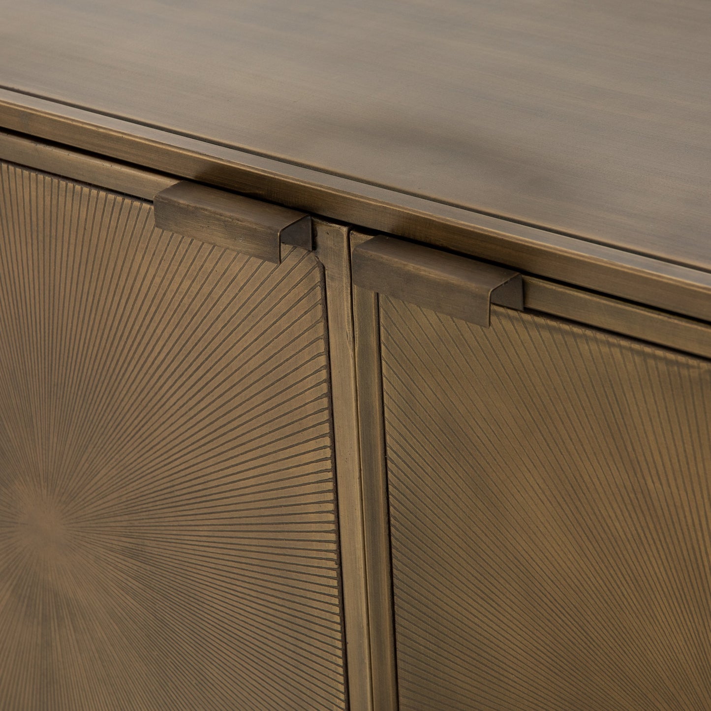 009 SR-369246 | Additional Silo | Sunburst Sideboard by Four Hands in sunburst etched aged brass, gunmetal, aged brass and sunburst etched aged brass pc, gunmetal, aged brass pc. Made from iron in a modern style.