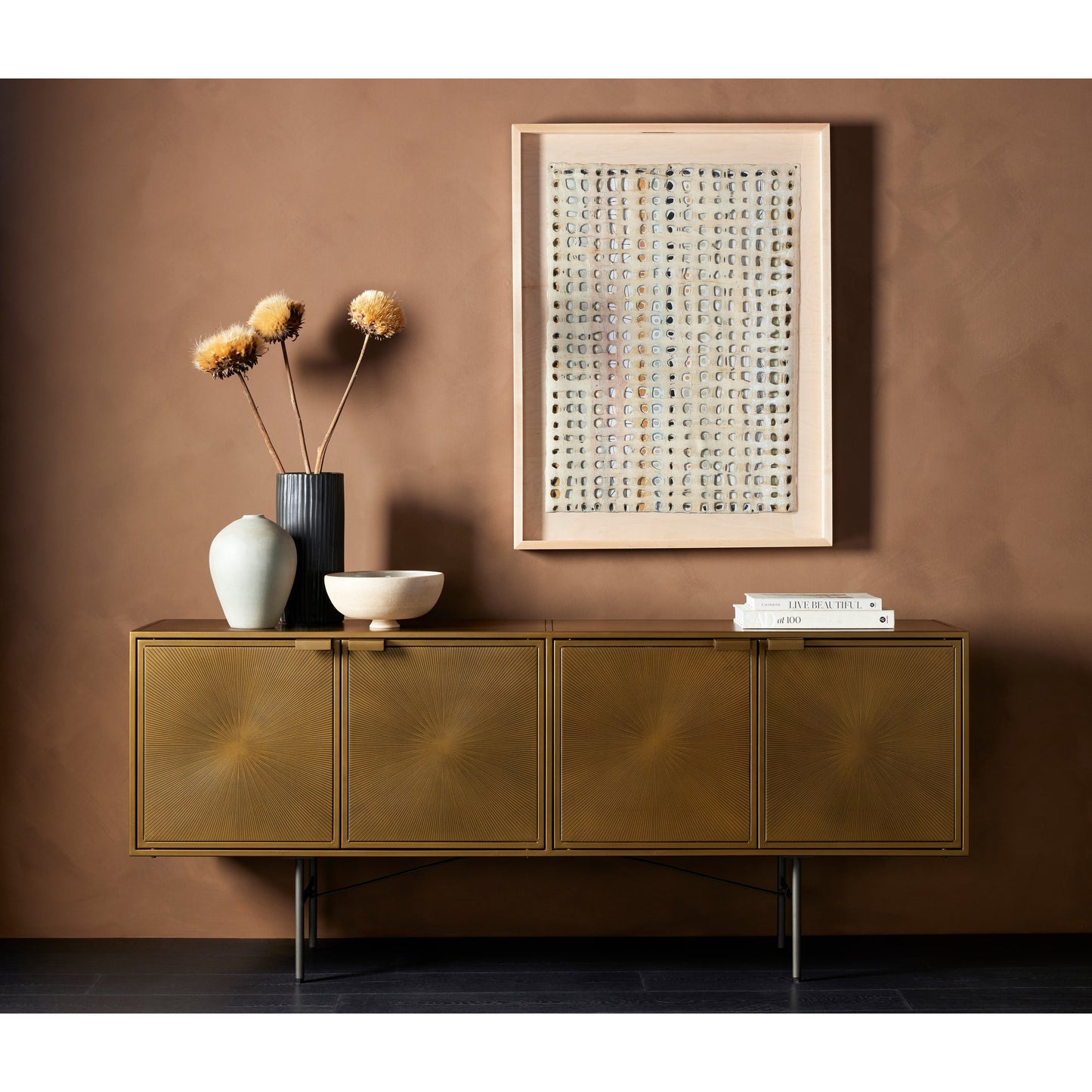 018 SR-369246 | Lifestyle | Sunburst Sideboard by Four Hands in sunburst etched aged brass, gunmetal, aged brass and sunburst etched aged brass pc, gunmetal, aged brass pc. Made from iron in a modern style.