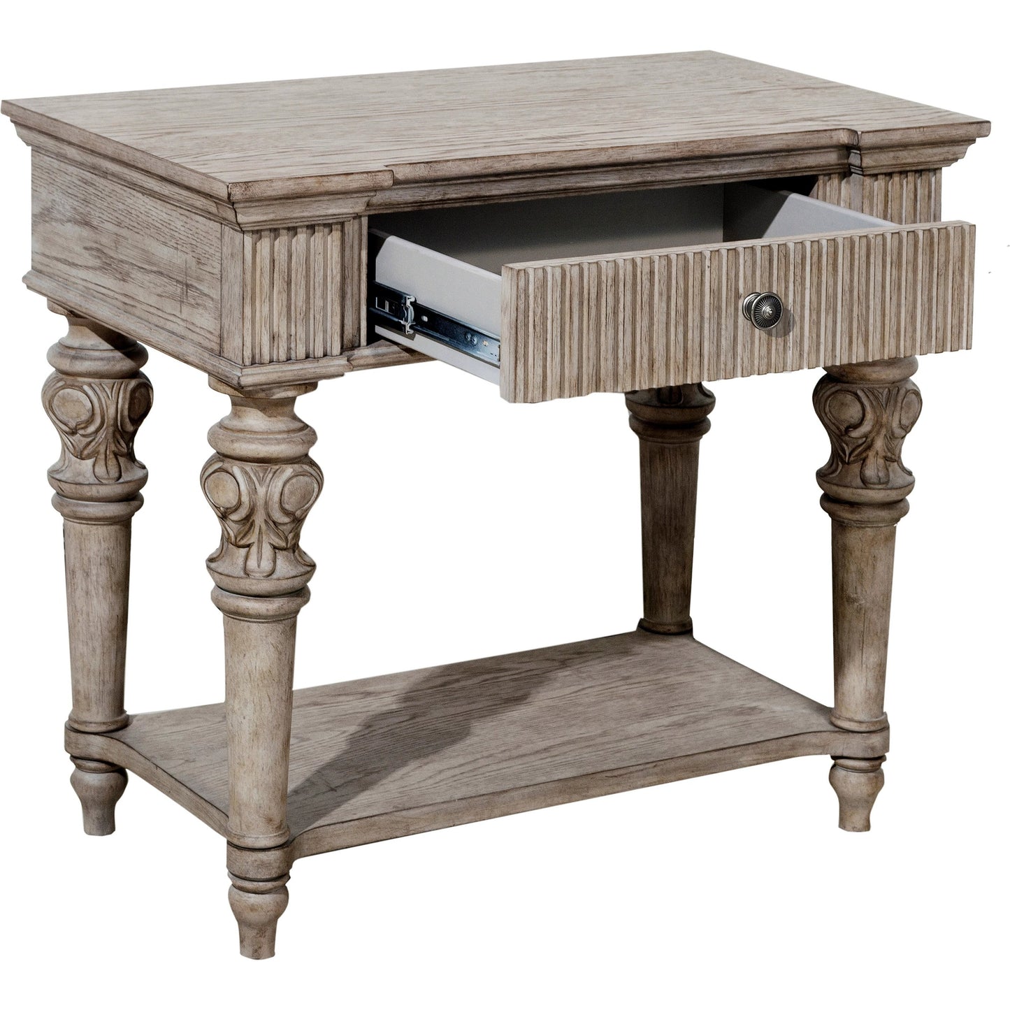 003 SI-2155599 | Additional Silo | Kingsbury Open Nightstand by Pulaski Furniture in french grey. Made from oak veneers, hardwood solids in a traditional style.