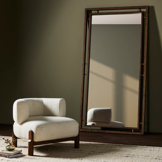 Belmundo Floor Mirror by Four Hands in antique brass, weathered acacia. Made from solid acacia, brass, mirror in a transitional style.