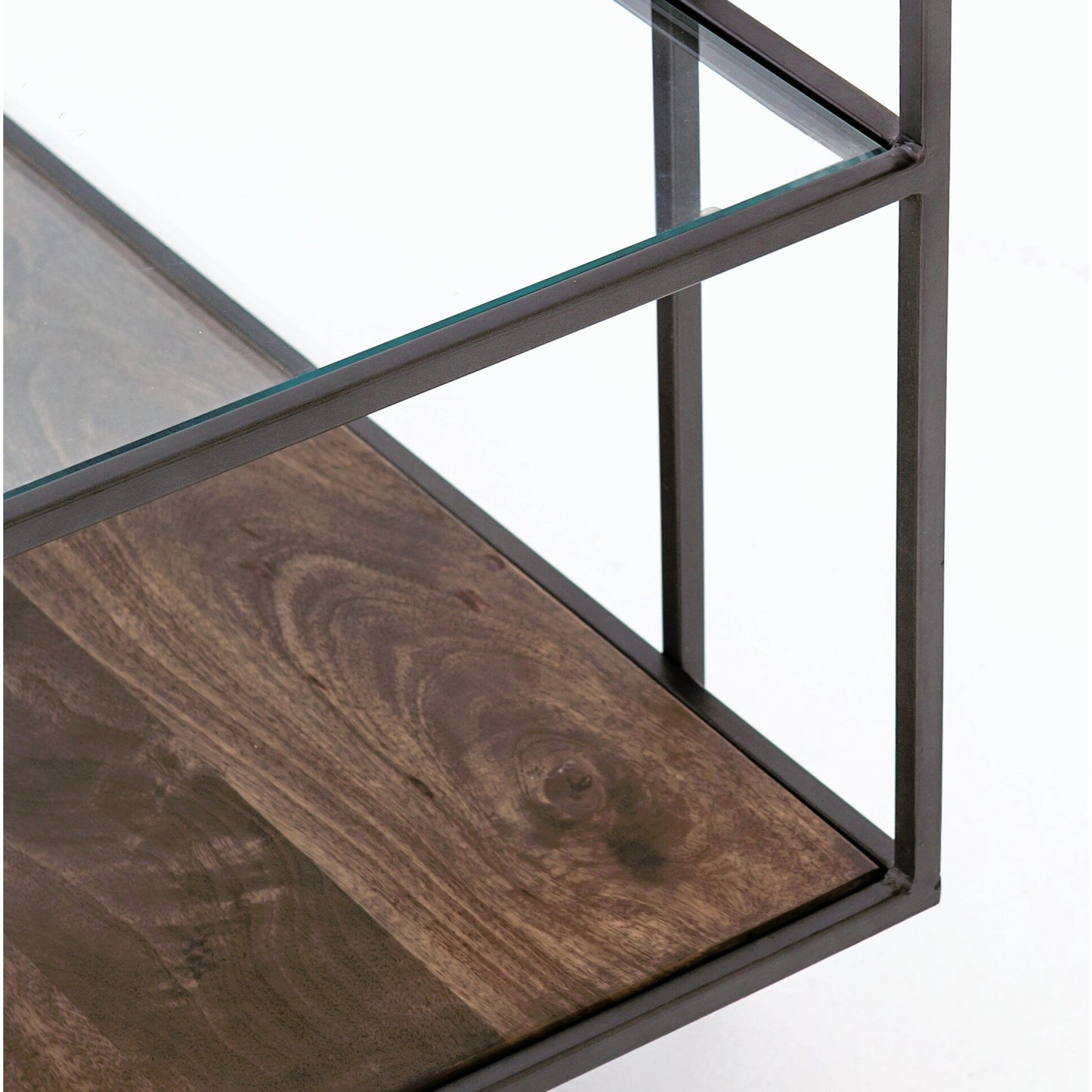 012 SR-368911 | Closeup | Byron Media Console by Four Hands in aged brown, dark iron, tempered glass. Made from iron, tempered glass, solid mango in a modern style.