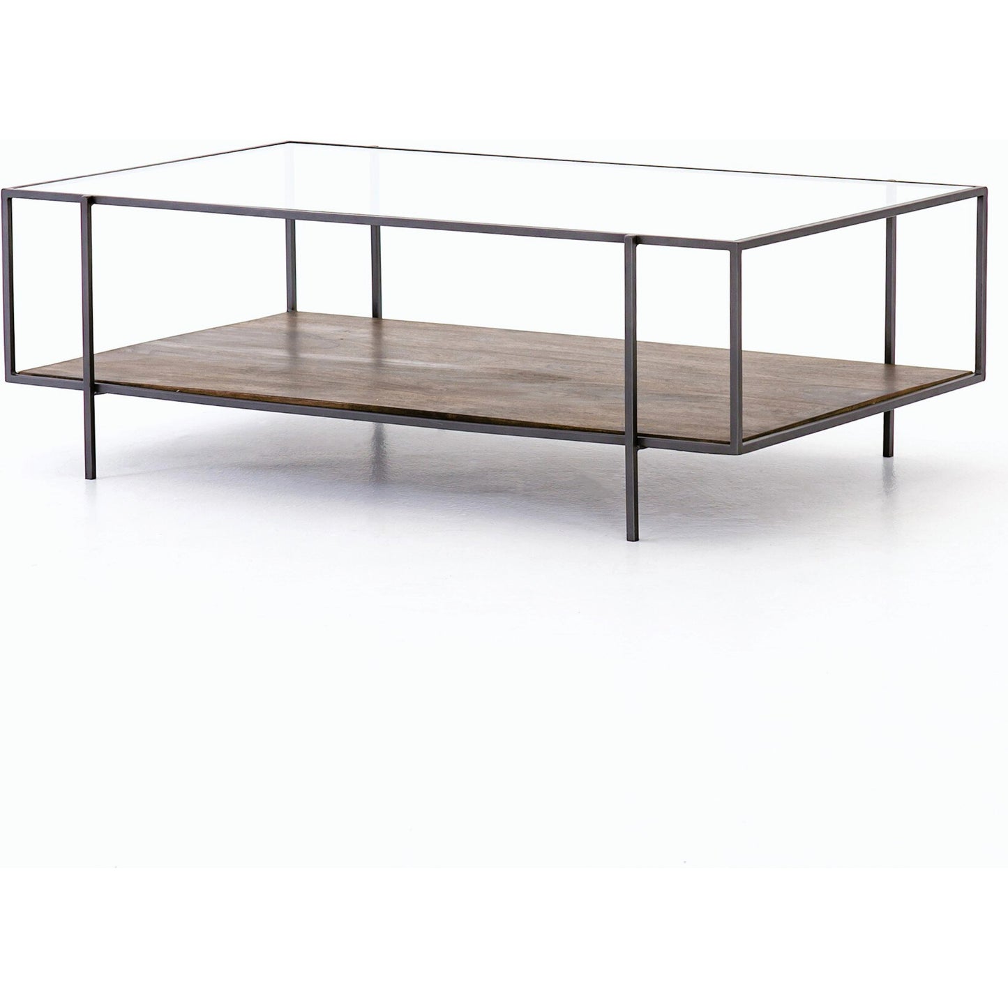 001 SR-368910 | Primary Silo | Byron Coffee Table by Four Hands in gunmetal, aged brown, tempered glass and dark iron, aged brown, tempered glass. Made from iron, solid mango, tempered glass in a modern style.