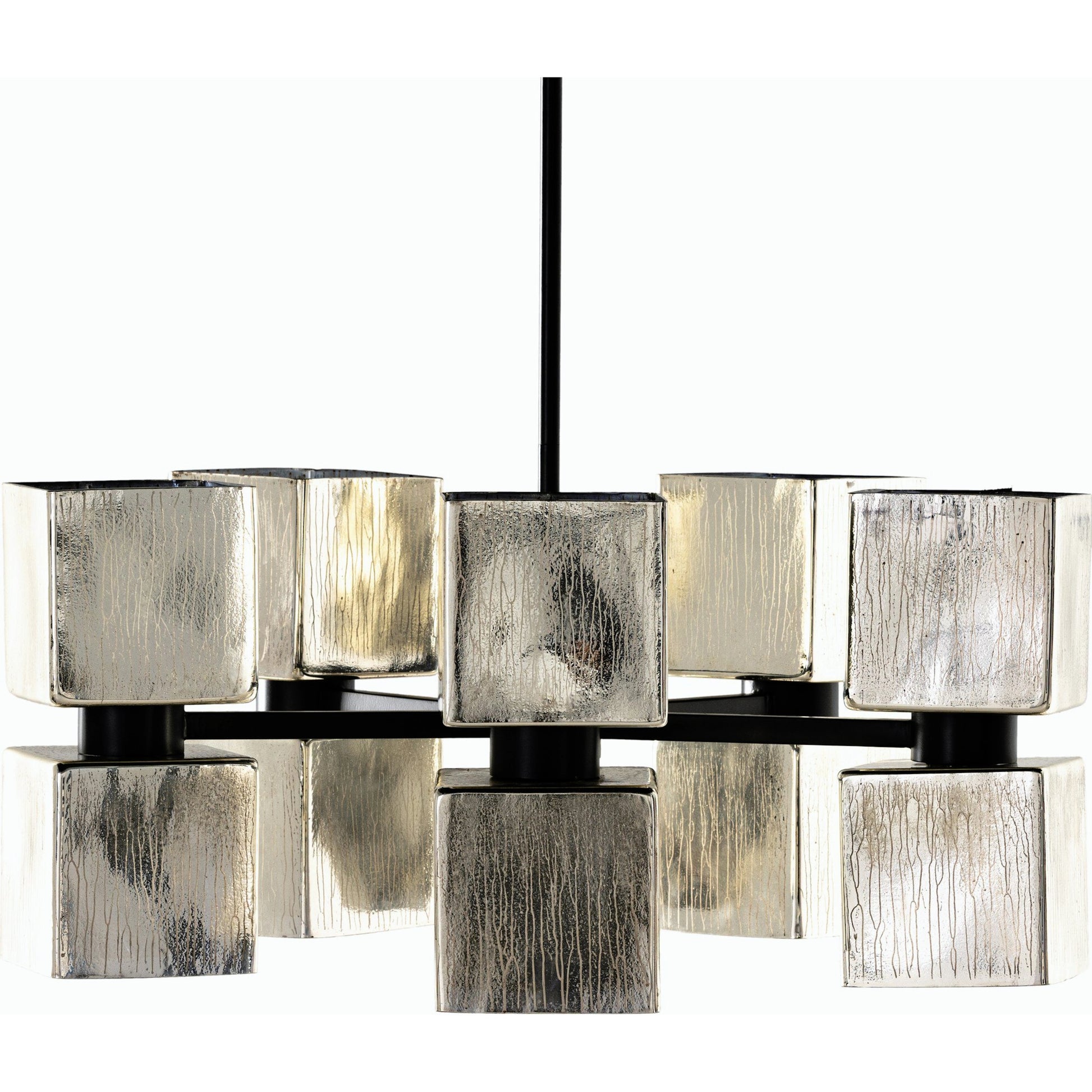 Ava Large Chandelier by Four Hands in antiqued iron, aged metallic glass. Made from iron, glass in a modern style.