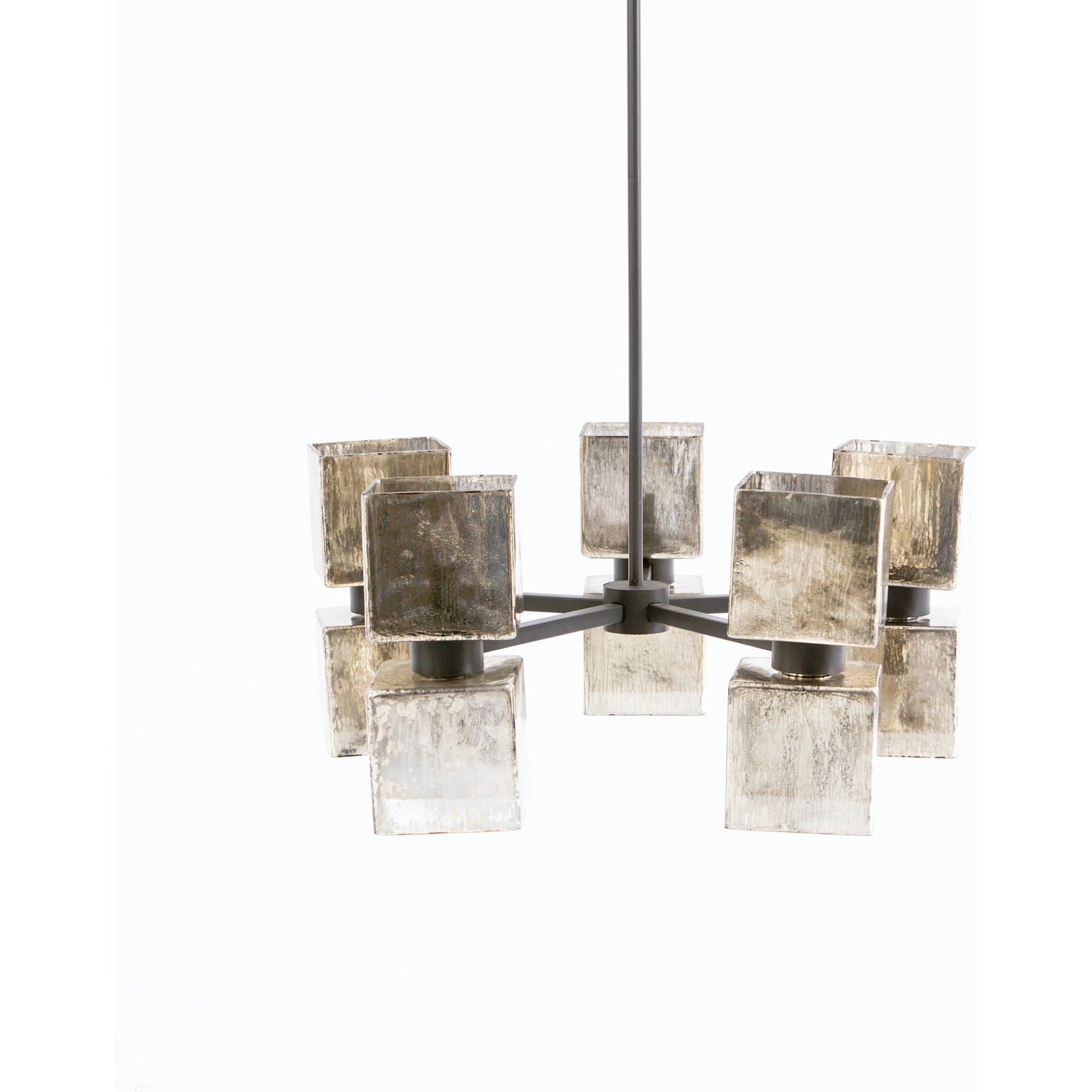 Ava Large Chandelier by Four Hands in antiqued iron, aged metallic glass. Made from iron, glass in a modern style.