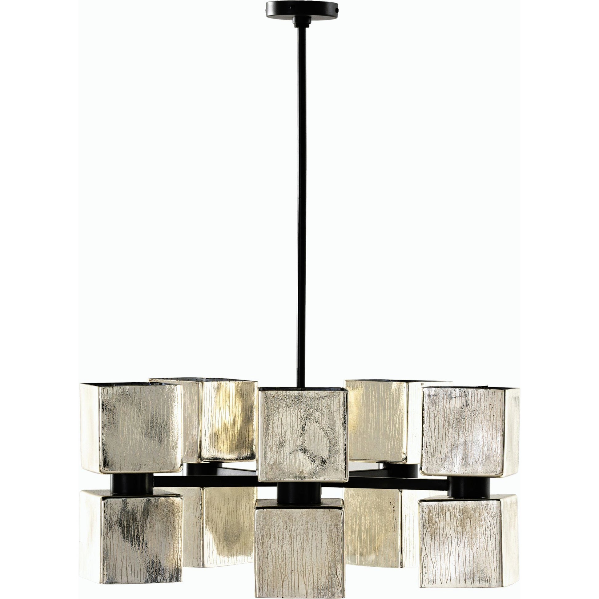 Ava Large Chandelier by Four Hands in antiqued iron, aged metallic glass. Made from iron, glass in a modern style.