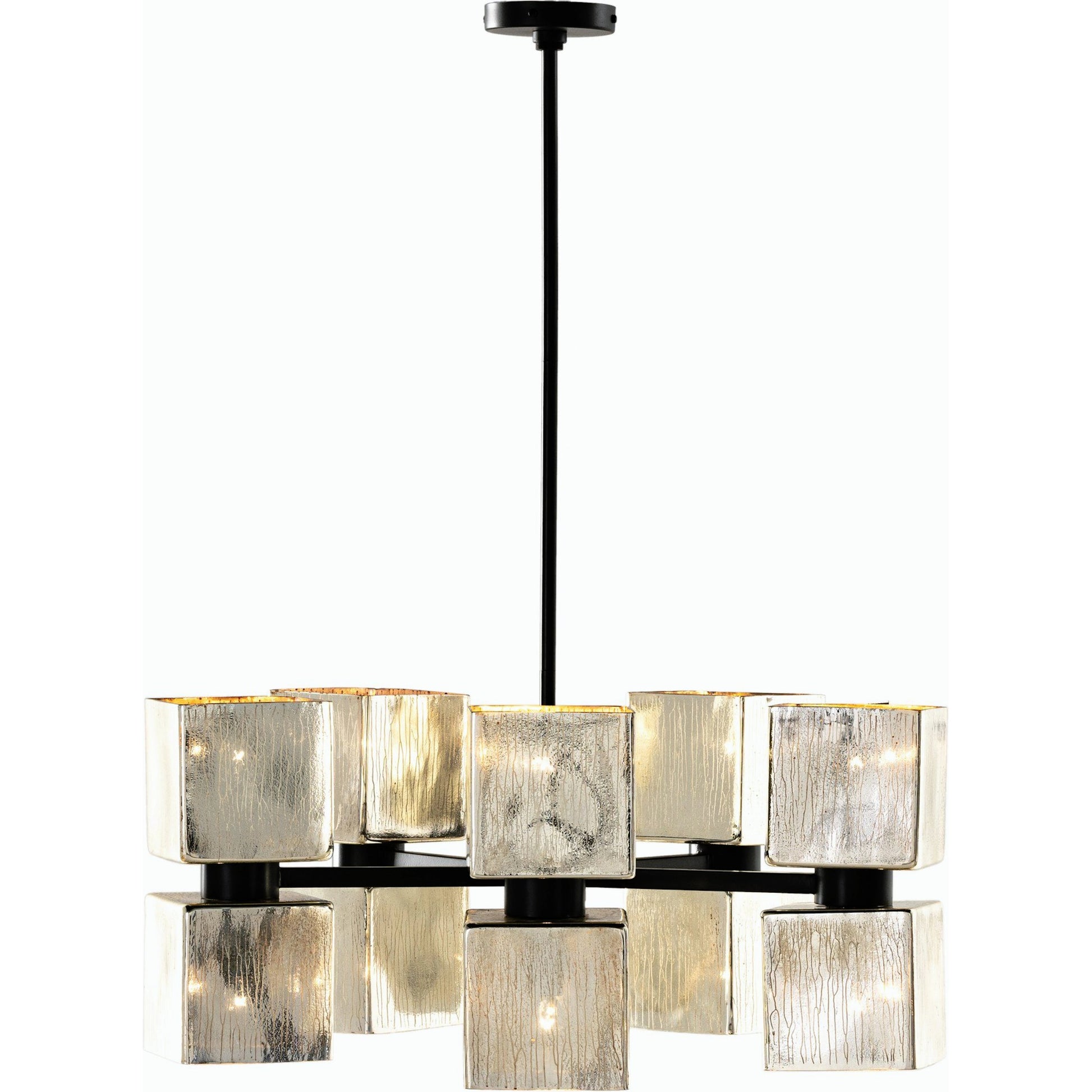 Ava Large Chandelier by Four Hands in antiqued iron, aged metallic glass. Made from iron, glass in a modern style.
