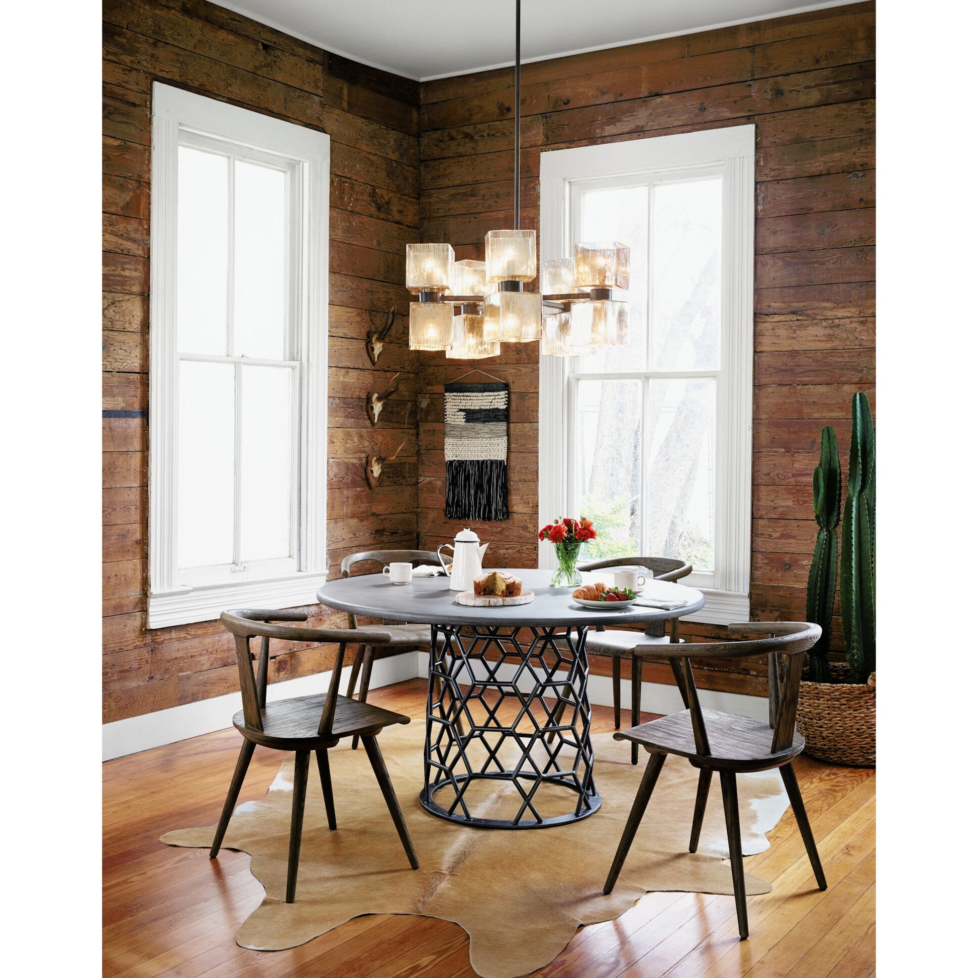 Ava Large Chandelier by Four Hands in antiqued iron, aged metallic glass. Made from iron, glass in a modern style.