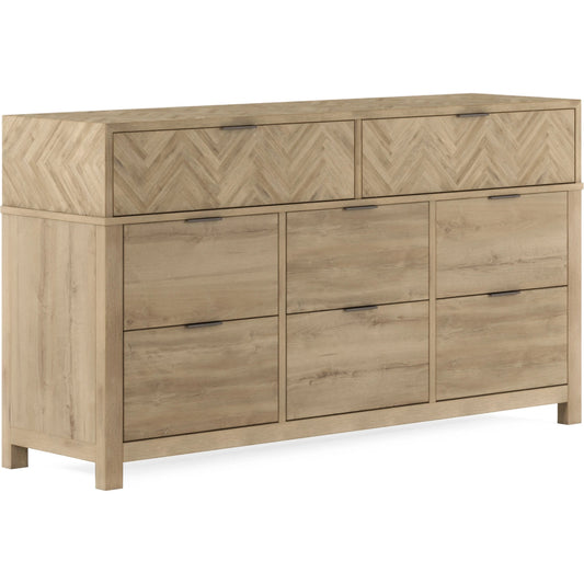 001 SI-2155765 | Primary Silo | Garrison Dresser by A.R.T. Furniture in washed oak, burnished brass. Made from parawood solids with ash embossing, white oak veneers, metal in a cottage & farmhouse style.