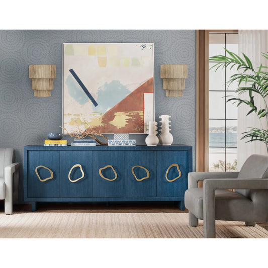 Commerce and Market Paige Five-Door Credenza by Hooker Furniture in blue and blue raffia, pewter hardware. Made from raffia wrapped in a unique style.